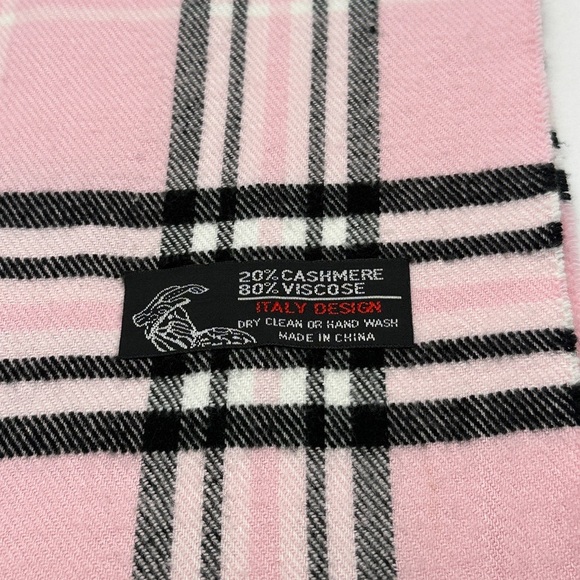 Cashmere Blend Scarf Pink Black & White Plaid With Fringe 68” x 12” Winter - Picture 2 of 6